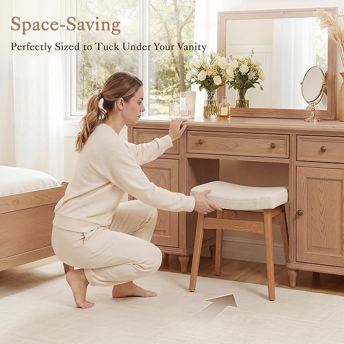 LUE BONA Solid Wood Vanity Bench Stool, 17.3" H Ergonomic Saddle Stool