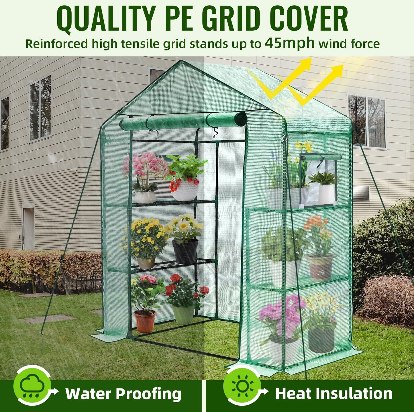 Greengro Greenhouse, 28 x 57 x 76'' Greenhouses for Outdoors, Small Plant Green House with Screen Windows, 3 Tiers 4 Shelves, Durable PE Cover, Plastic Portable Walk in Greenhouses for Outside Indoor