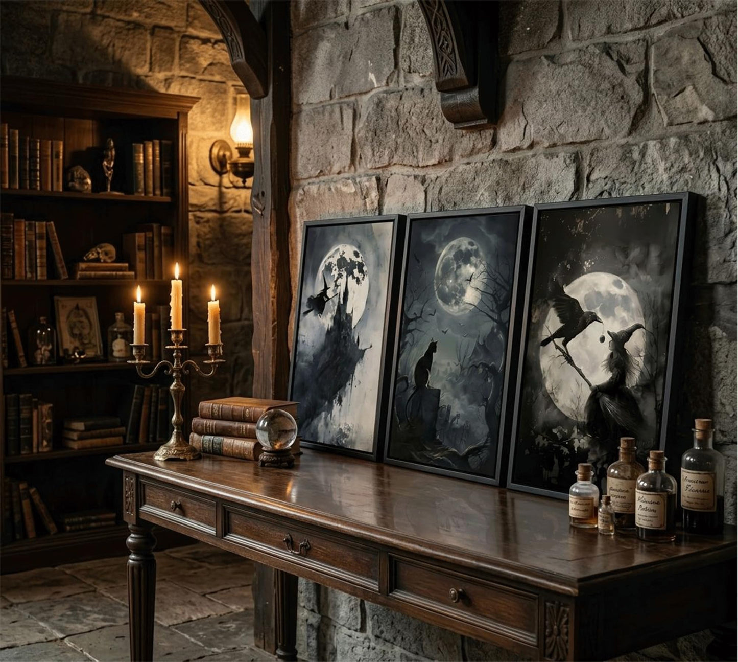 SOUHLP Gothic Wall Art Witch Black Cat Raven Poster Set, 12x16in