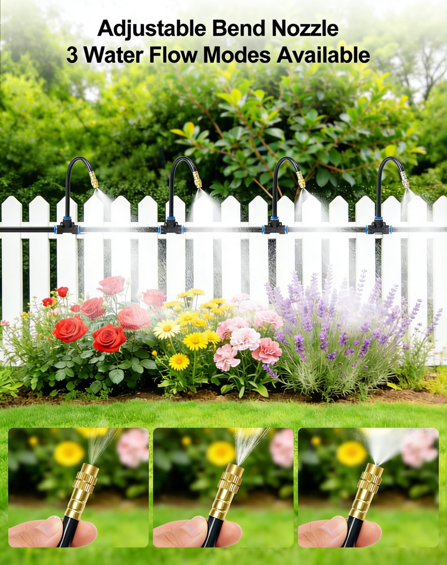 Upgraded 5/16" Drip Irrigation Kit (100FT), High-Flow Garden Watering System with 16 Bendable 360° Brass Misting Nozzles, Quick-Push Connectors & Leak-Proof Design for Patio, Greenhouse & Flower Beds