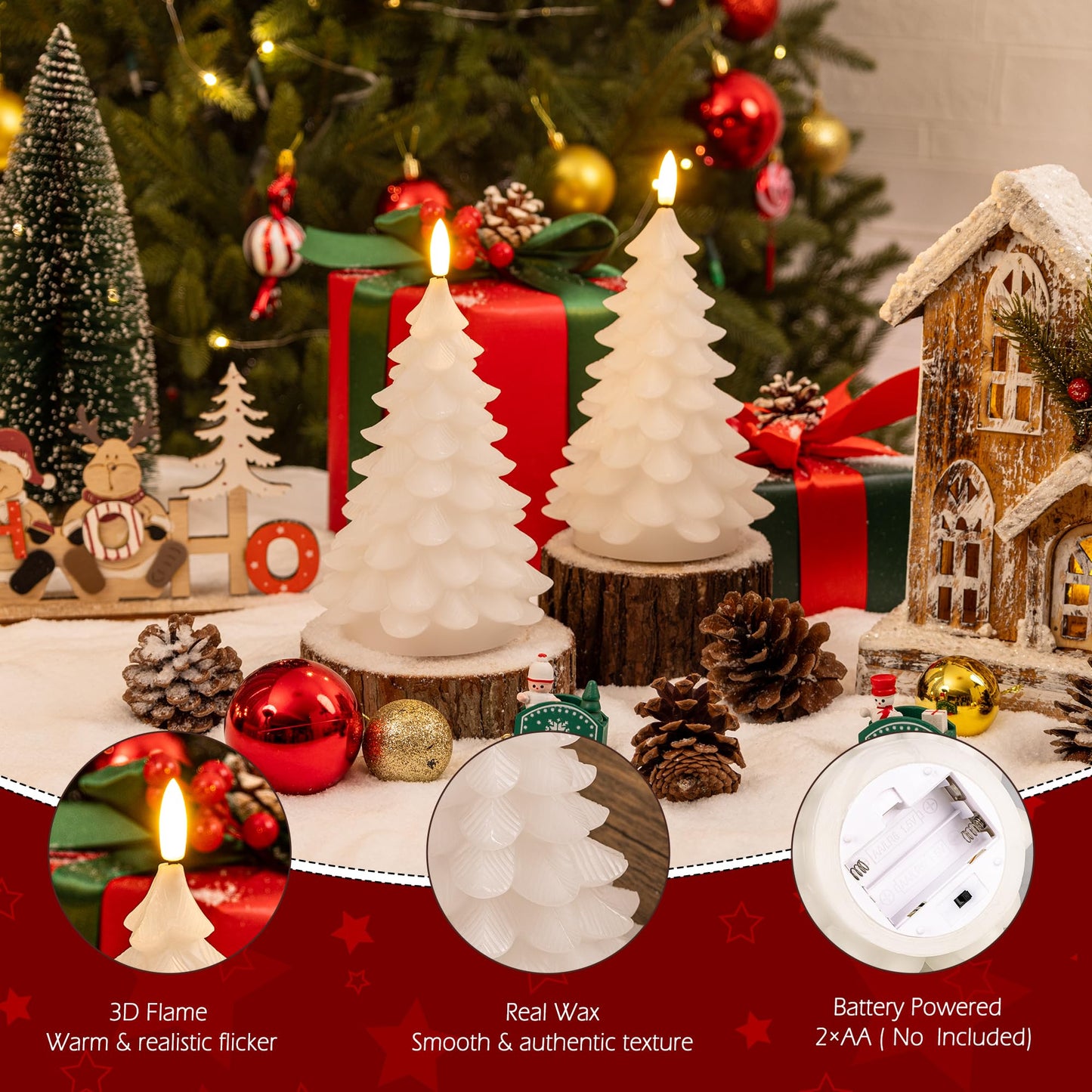AFINETH Christmas Tree Candles with Remote, 2 Pack White Flameless Candles Battery Operated, Real Wax Flickering Christmas Led Candle Decorations for Winter Home Holiday Xmas Gift