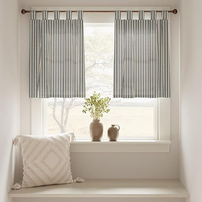 jinchan Tab Top Linen Kitchen Curtains 36 Inches Striped Tier Curtains Farmhouse Modern Cafe Style Small Window Treatments Airy Light Filtering Rod Pocket for Living Room Bathroom 2 Panels Blue