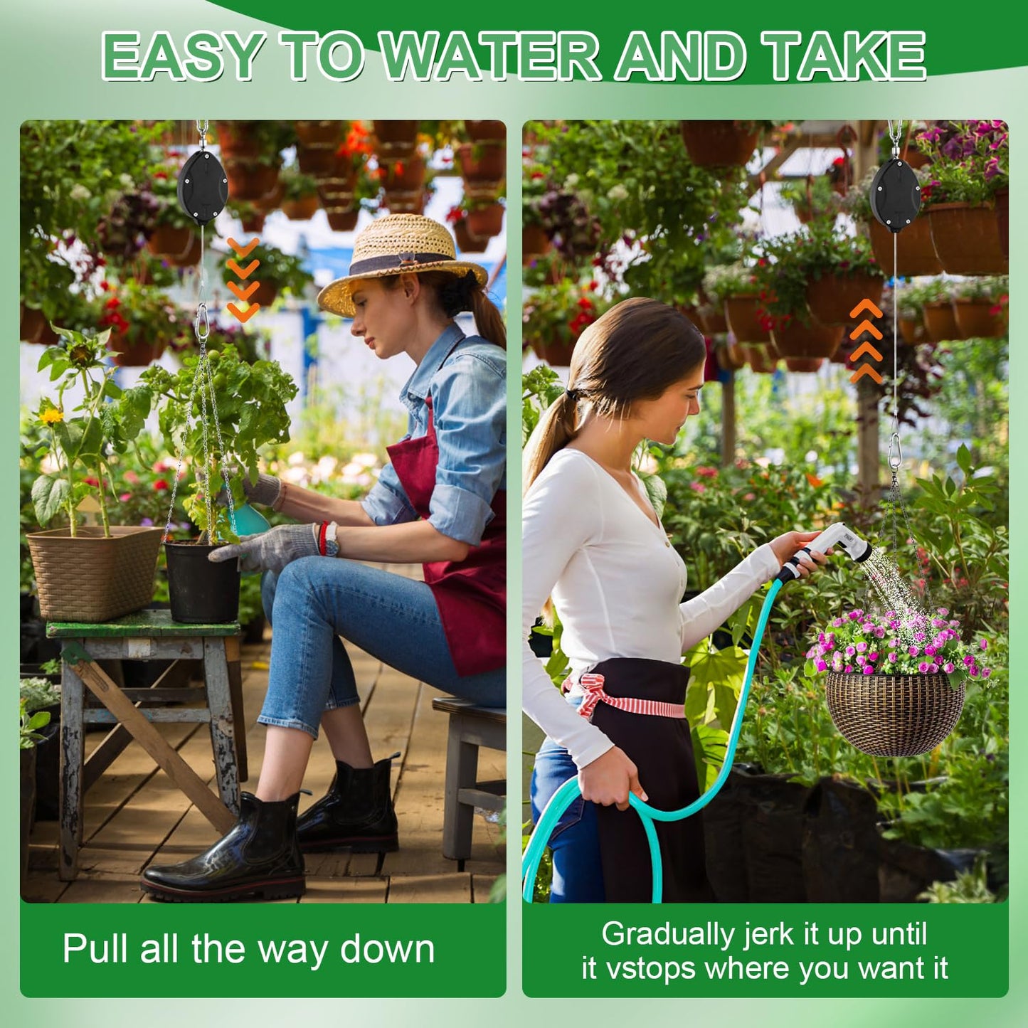 3 Pack Heavy Duty Retractable Plant Hangers Adjustable Pulleys with 63" Pull-Down Design Stainless Steel Rope Double-Headed Hooks for Hanging Baskets Bird Feeders Planters and Pots Supports up to 45lb