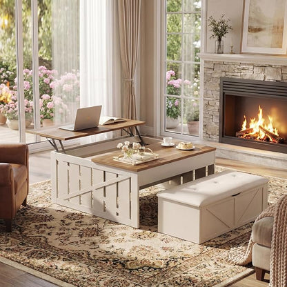 HUAHUU Lift Top Coffee Table with Storage Hidden Compartment, 31.5" Farmhouse Coffee Tables with Ottoman Bench, Center Table with Wooden Lift Tabletop for Living Room, White