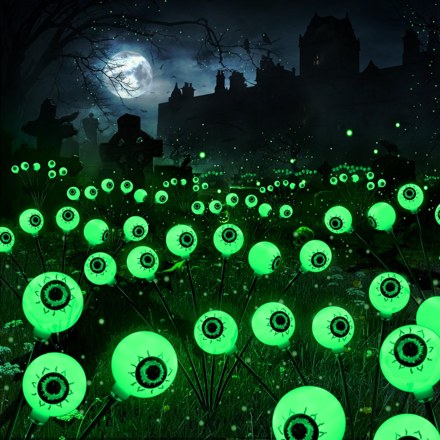BrizLabs 4 Pack 24 LED Halloween Solar Lights, 2 Modes Outdoor Halloween Eyeball Pathway Lights, Solar Spooky Walkway Light Waterproof, Green Swaying Firefly Lighting for Path Yard Garden Lawn