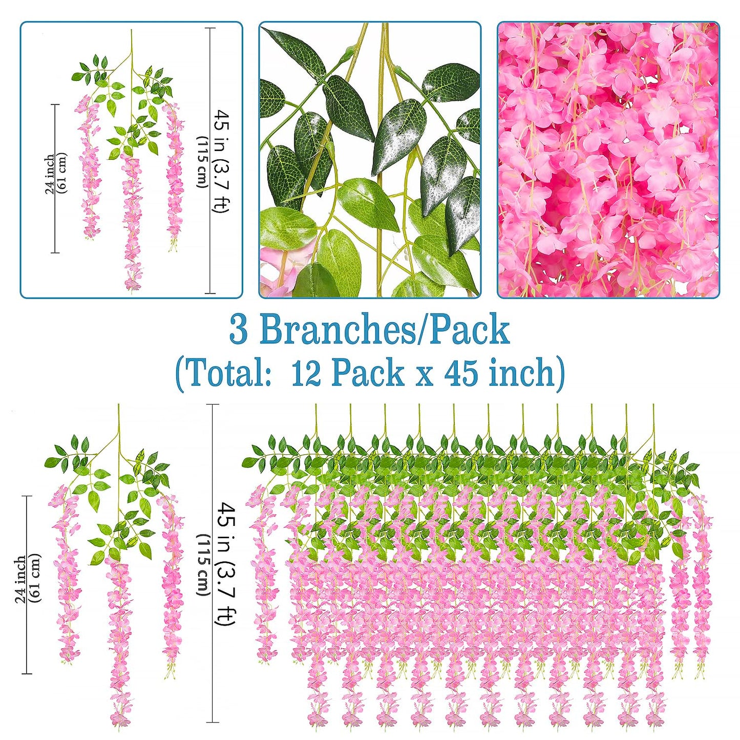 GPARK 12 Pieces/Each 45 inch / 3.7 ft Wisteria Artificial Flower Bushy Silk Vine Ratta Hanging Garland Hanging for Wedding Party Garden Outdoor Greenery Office Wall Decoration Pink