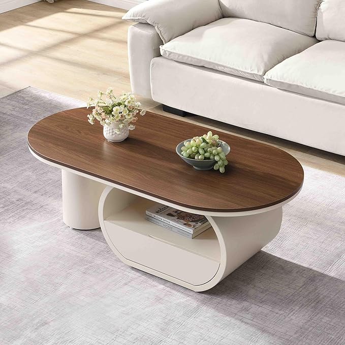 Modern Oval Coffee Table, 47.24" Brown Wood Top Coffee Table