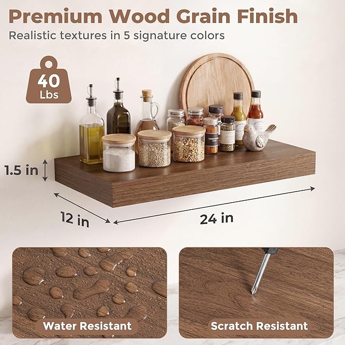 12 inch Deep Floating Shelves for Wall, 24 inch Wide Engineered Wood Wall