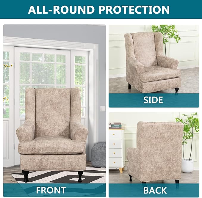 KRFOONN Wing Chair Slipcovers 2 Piece Stretch Leather Look Wingback Chair