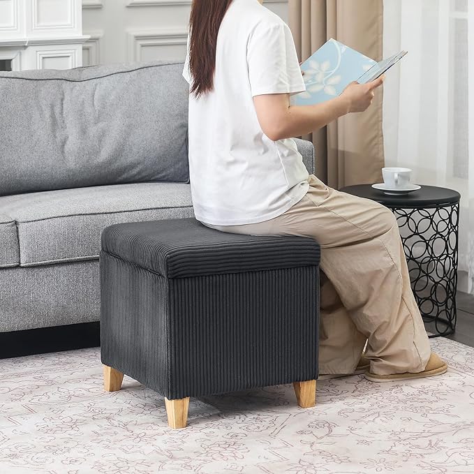 Adeco Faux Fur Storage Ottoman Cube, Upholstered Small Bench