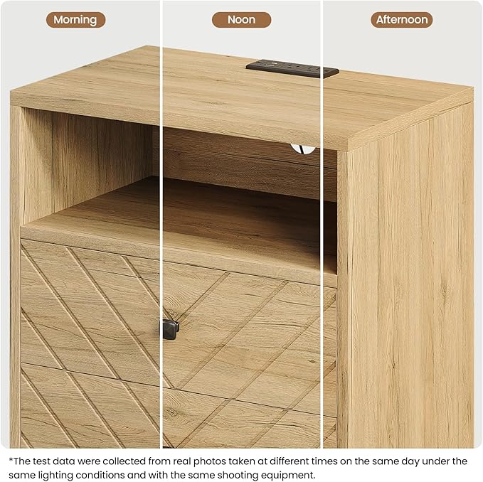 Modern Nightstand with Charging Station, LED Bedside Table with 2 Storage