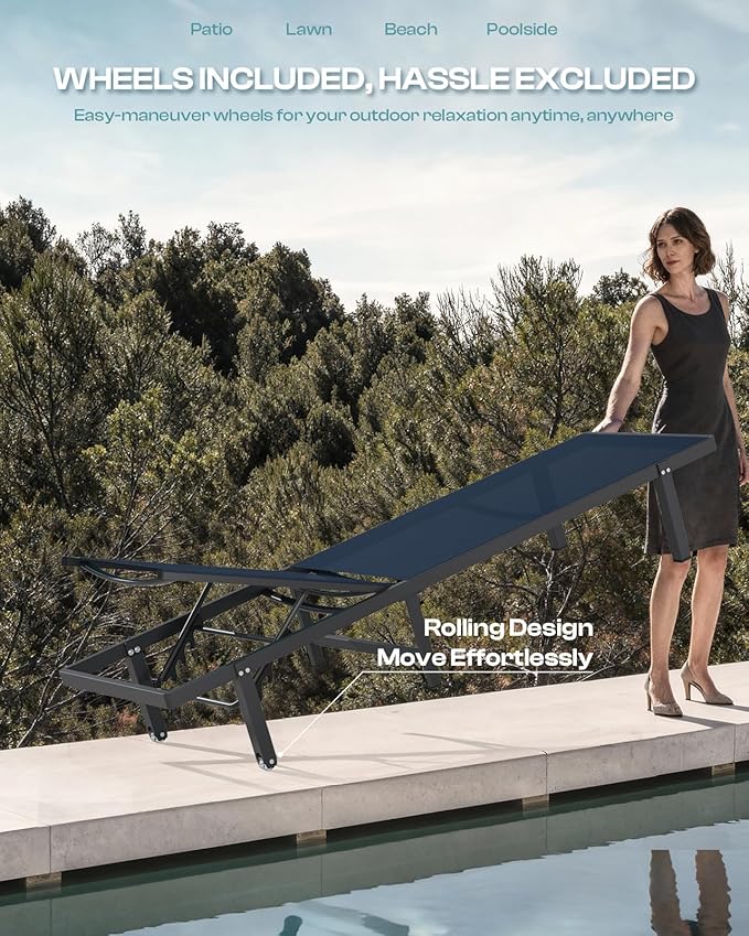 Lounge Chair Outdoor with Wheels, Aluminum Patio Chaise Lounge Chair with 5