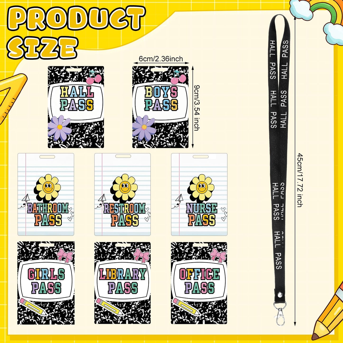 Fuyoooo 16 Set Flower Hall Pass Lanyards Unbreakable PVC Composition Notebook Classroom Passes with Lanyards Bathroom Boy Girl Library Hall Office Nurse Pass 2.4 x 3.5