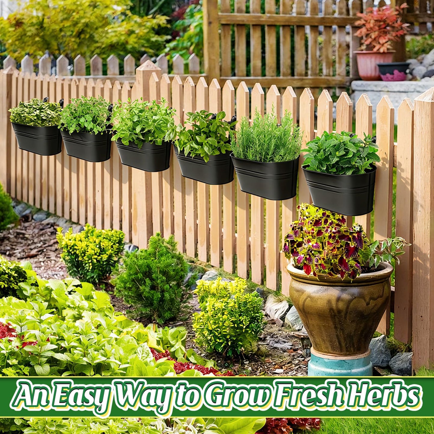 MADHOLLY Railing Planter with Drainage Holes - 6Pcs Sturdy Bucket Pots for Railing Fence, Countryside Style Metal Flower Pots for Herbs Balcony Garden Yard Decor, Black