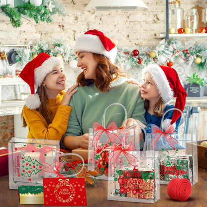 24pcs Christmas Clear Gift Bags with Handles And Ribbon Merry Christmas Greeting Card Set Xmas Transparent Reusable Gift Wrap Bags PVC Candy Goodie Treat Totes for Xmas Winter Holiday Party Favors