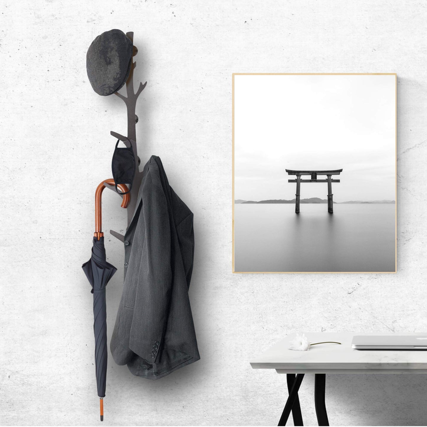 TERRA HOME Tree Branch Coat & Hat Rack Wall Mount with 8 Vertical Hooks for Caps, Coats, Purse & More Modern Storage Dog Leash Holder Decorative Wall Hooks Vertical