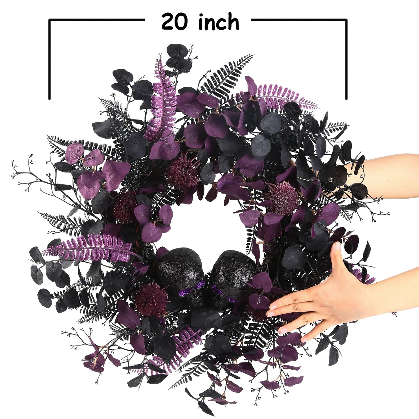 BINFEN 20" Halloween Wreaths for Front Door, Black Glitter Skulls Purple Eucalyptus Leaves Halloween Horror Decor, Gothic Party Room Decoration