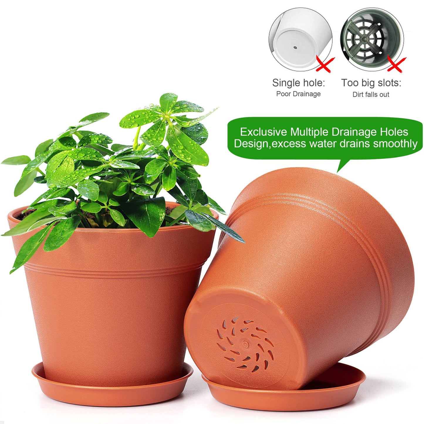 FHWTY 6 Pack Plastic Plant Pots with Drainage Holes and Tray, 7 inch Thickened Indoor Planters Seedlings Nursery Pots for Flowers, African Violet, Succulent and All House Plants, Terracotta