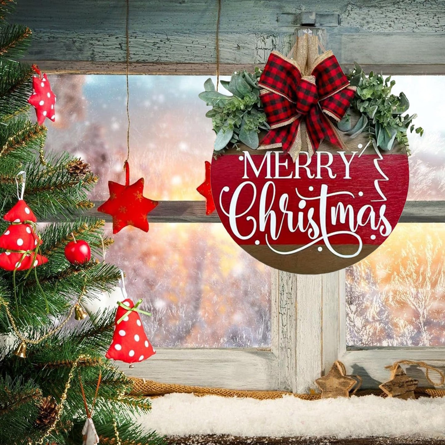 Merry Christmas Wreath Hanging Sign for Front Door, Wooden Welcome Wreaths Sign with Bow for Holiday Rustic Farmhouse Outdoor Wall Window Decor (Merry Christmas)
