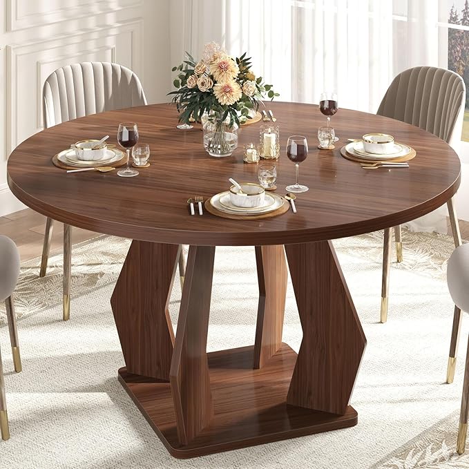 IBF Walnut Round Dining Table, Modern Wood Dinner Tables, Round Kitchen Table