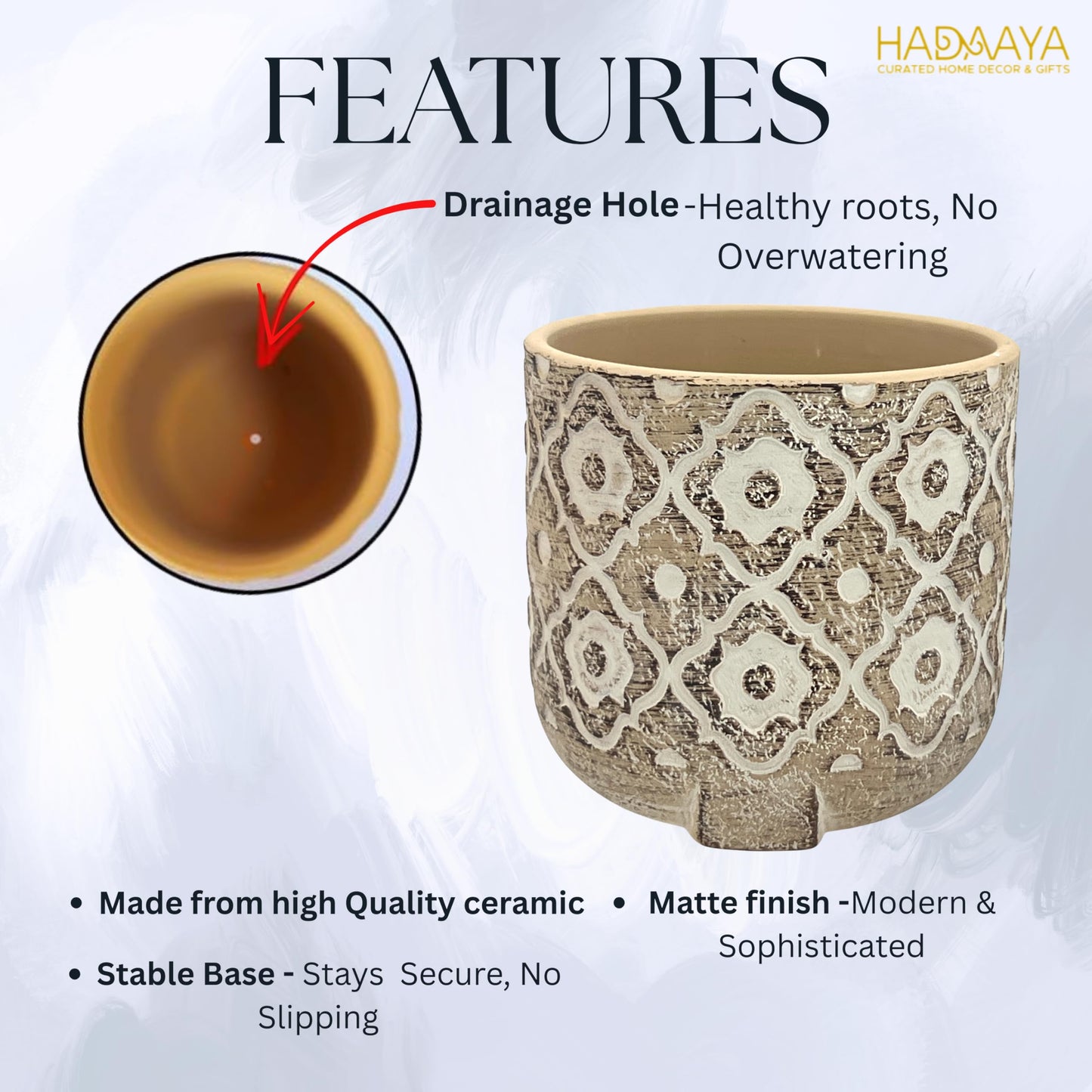 hadaaya Terracotta Pot with Drainage, 5" Round, Ideal for Home Decor, Stylish Small Succulent Pot for Indoor Outdoor Use, Modern Planter - Beige Moroccan Diamond Tile Design