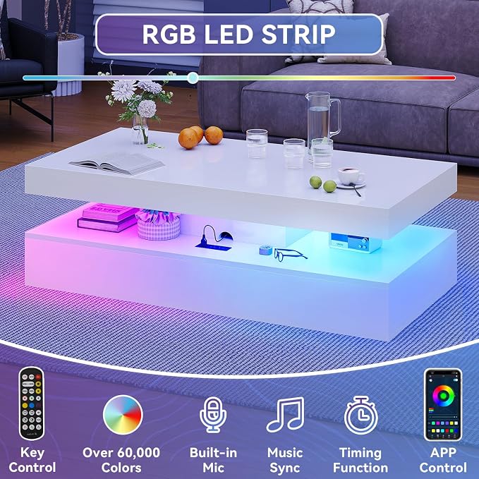 47” High-Glossy LED Coffee Table with 2 Sliding Drawers, Living Room Storage Coffee Tables, Modern Stylish Double-Layer Center Tables with LED Lights, White