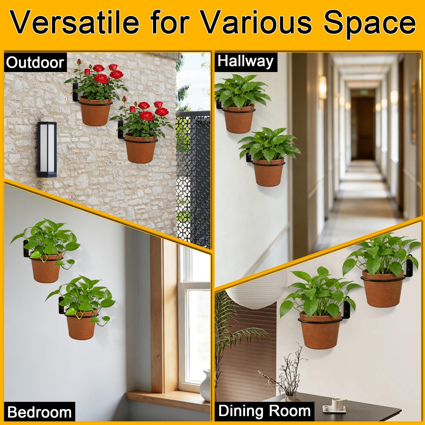 WYIPOLZI 6 Pack 4 Inch Flower Pot Holder Ring Wall Mount, Metal Plant Holder Rings with 12 Screws & 12 Bolts, Potted Planter Brackets for Indoor Outdoor Garden, Patio,Black
