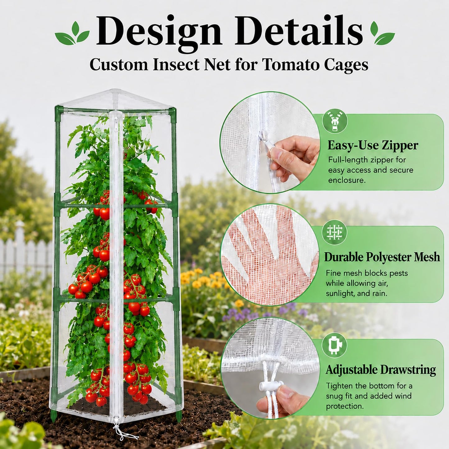 Halatool Garden Tomato Plant Cover Netting, Fits 40–55" Tall Tomato Cages, Garden Bird Netting with Zipper & Drawstring, Insect Barrier, Plant Covers from Insects Animals, 2 Pack, 45"×15.7"