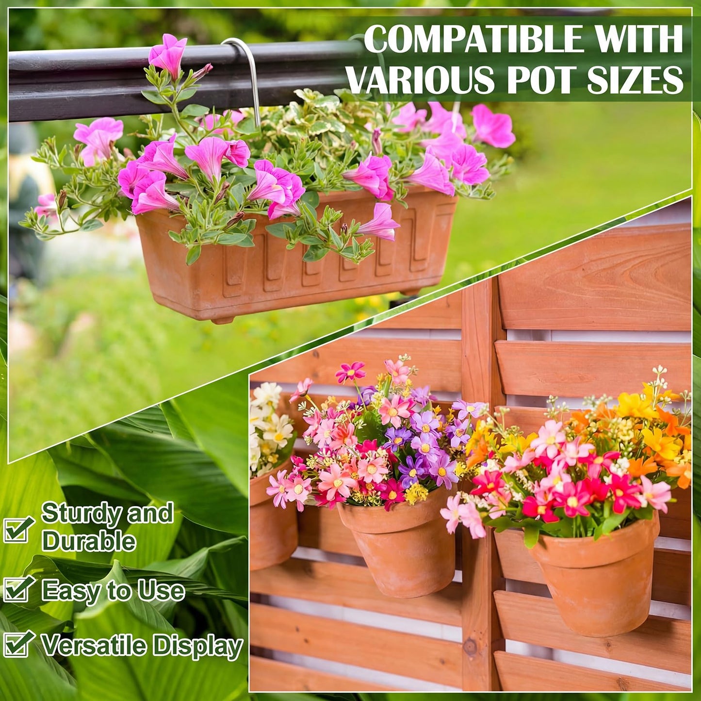 ElaraBerry 12 Pack Stainless Steel Plant Hanger Terracotta Flower Pot Clips Outdoor Wall Mounted Plant Hook Metal Orchid Hangers Hanging Holder for Indoor Garden Wall and Fence Mounted, 2 Styles