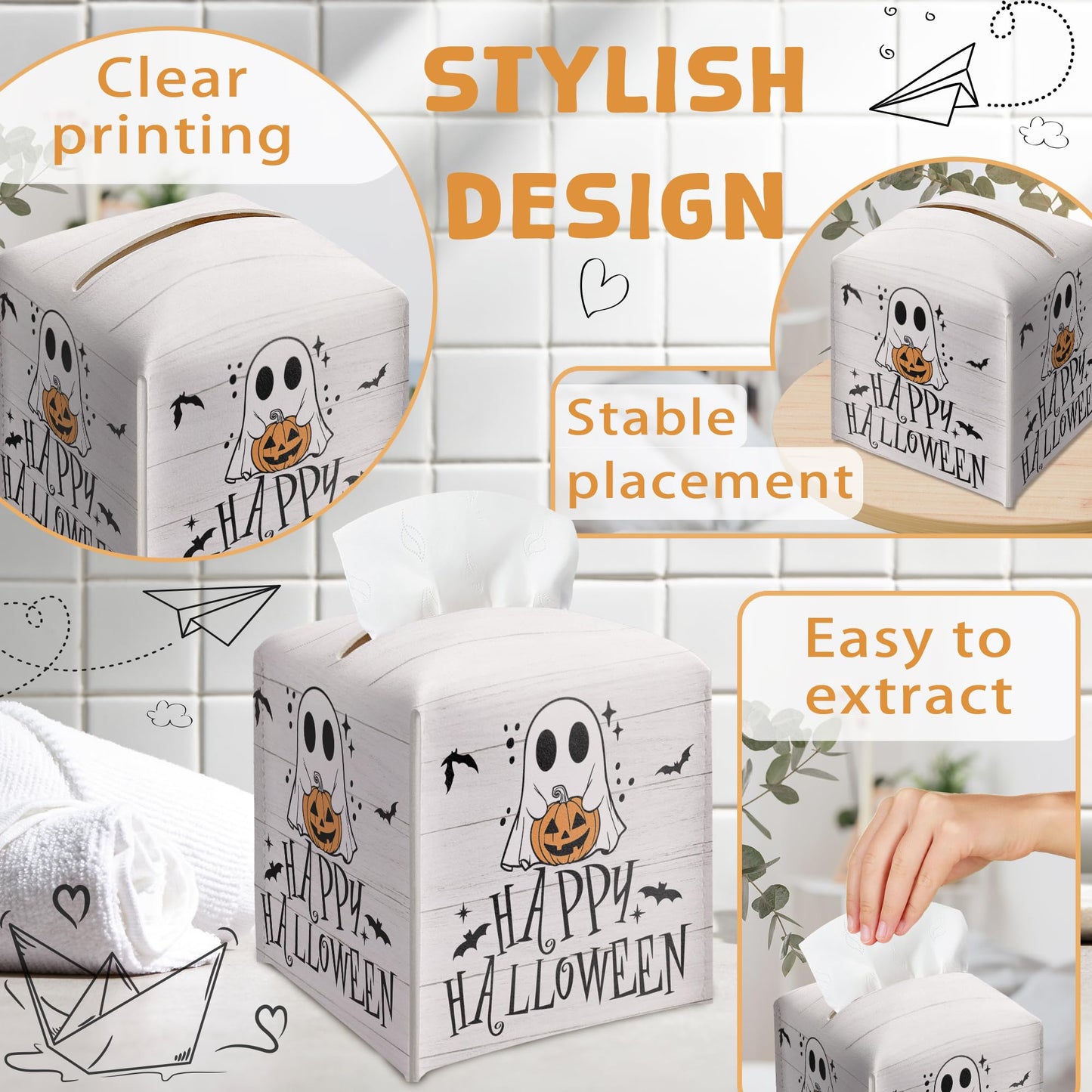 Happy Halloween Tissue Box Holder, Ghost Pumpkin Leather Tissue Box Cover Square, Cute Facial Paper Organizer Dispenser Toilet Paper Holder Decor for Bathroom Kitchen Office Home Accessory-A03