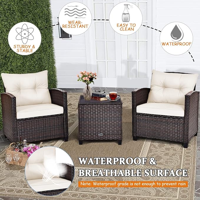 HAPPYGRILL 3 Pieces Patio Conversation Set, Outdoor Furniture Set PE Rattan