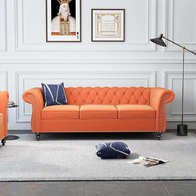 ORRD 2 Piece Living Room Set, Velvet Chesterfield Sofa Couch Chair
