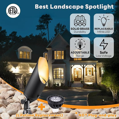 Gardenreet Brass Spot Light Low Voltage - Outdoor Landscape Spotlights, 12V Landscaping LED Uplights, Hard-Wired All Weather Black for Backyard Lawn with Warm White Changeable Bulbs (8 Pack)
