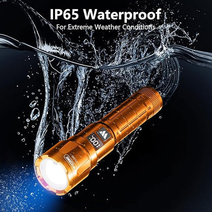 Wdtpro LED Rechargeable Flashlight 2 Pack, 3 Modes Super Bright High Lumens Flashlights, Zoomable Tactical Flash Light with LCD Display, IP65 Waterproof Flashlights for Home Emergency Camping - Orange