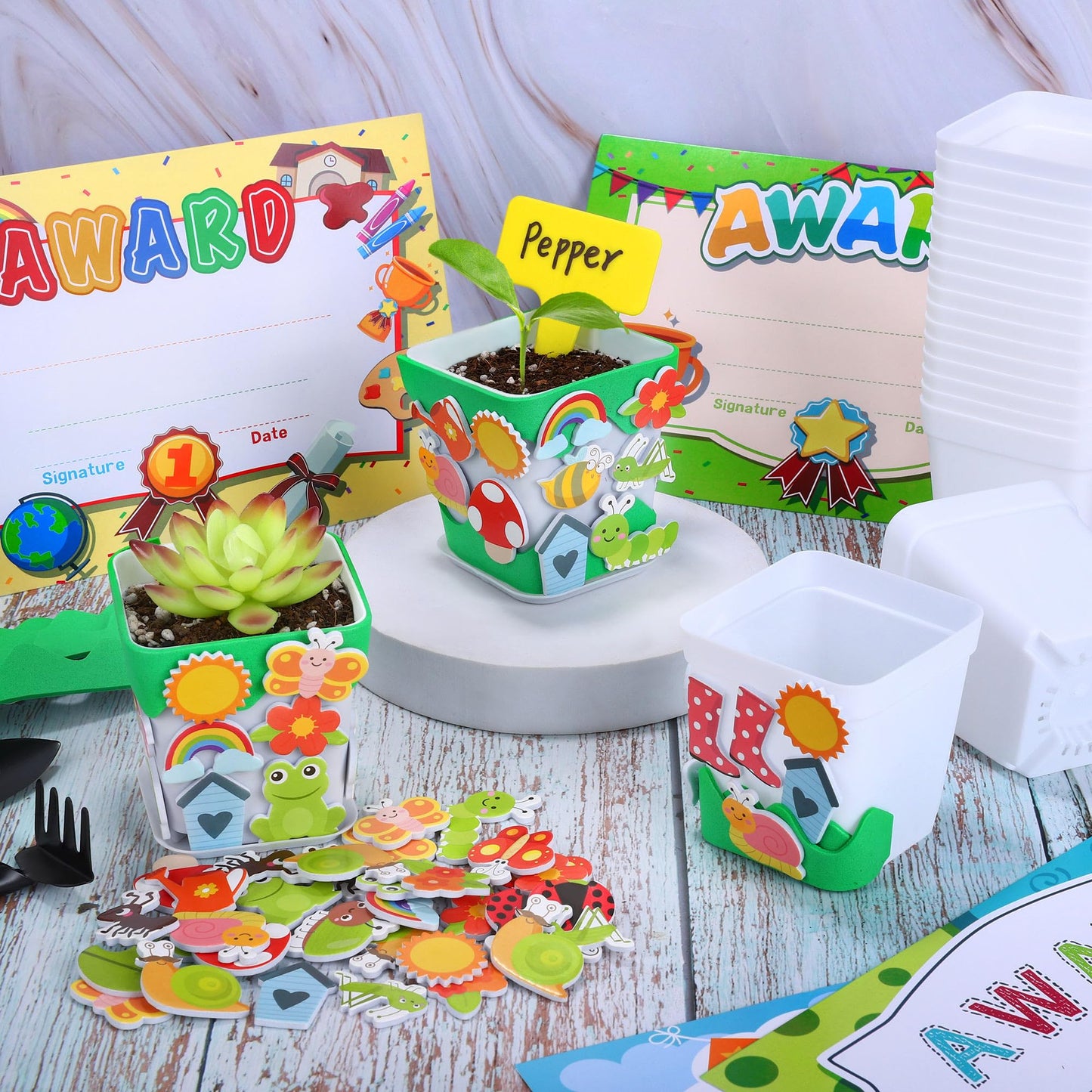 Elcoho 36 Set Garden Plastic Pot Craft Kit Plant Spring Craft Kits Flower Pots with 150 Foam Stickers 36 Labels 24 Certificate of Awards 3 Tools Planting Growing Kit, White