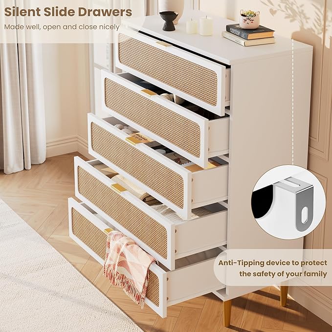 GarveeHome Rattan 5 Drawer Dressers