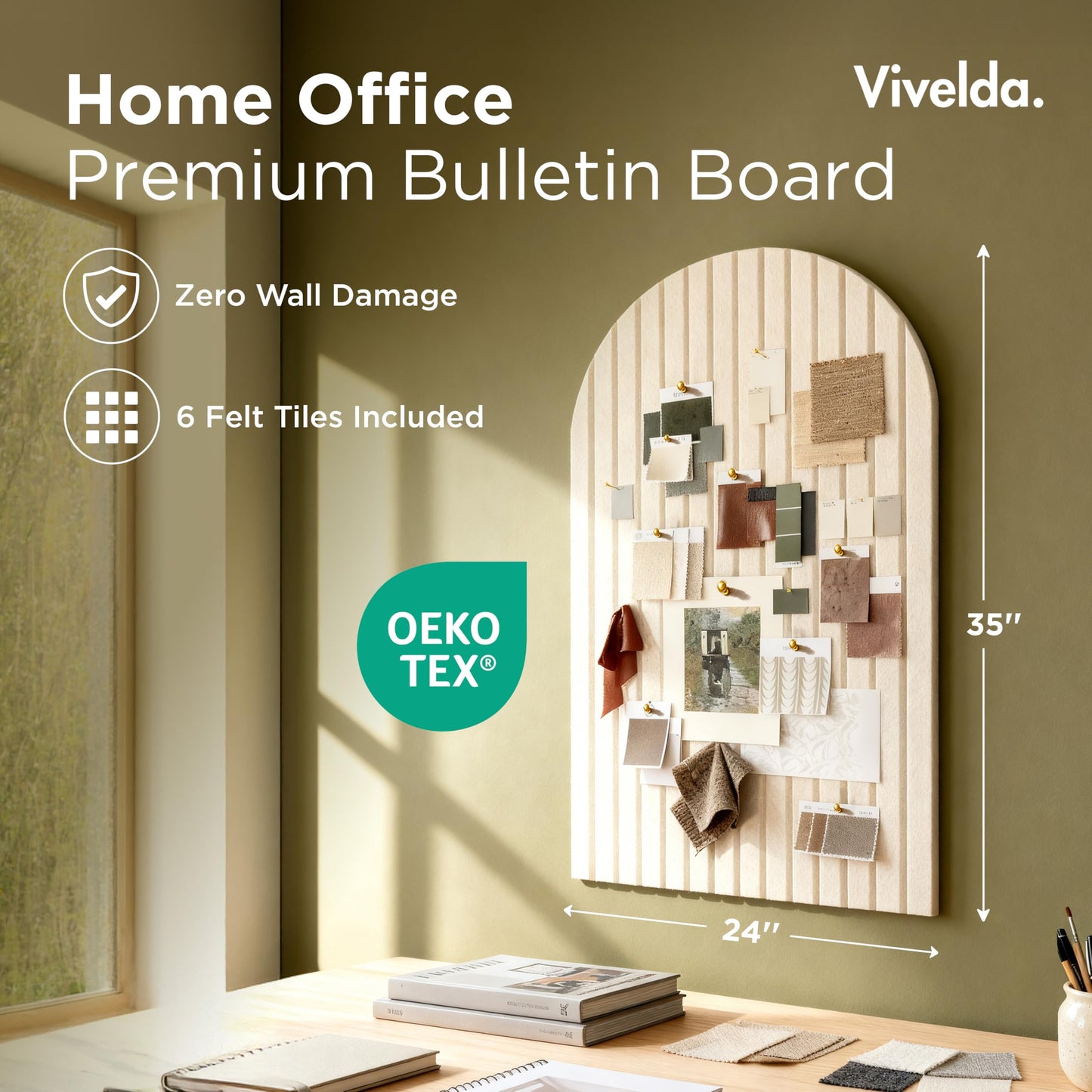 VIVELDA Large Felt Bulletin Board Arched 35" x 24" - Cork Board Alternative for Wall, 6 Felt Tiles with 32 Adhesive Tabs, Stylish Pin Board for Home Office, Bedroom & Classroom (Linen)