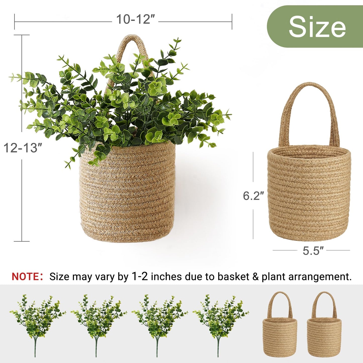 Dahey 2 Pack Wall Hanging Rope Basket (5.5"W×6.2"H) with Artificial Eucalyptus, Jute Woven Storage Organizer Flower Plants Basket Farmhouse Rustic Wall Decor for Porch Living Room Bedroom Entryway