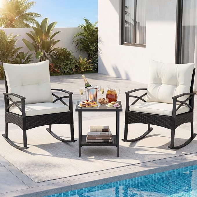 Tangkula 3 Pieces Outdoor Rocking Chairs Set, Rattan Heavy Duty Cushioned