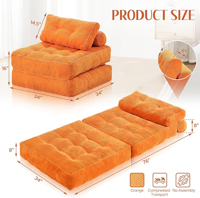 HABUTWAY Folding Sofa Bed, Convertible Sleeper Chair Bed w/Dual-Pillow & Handle