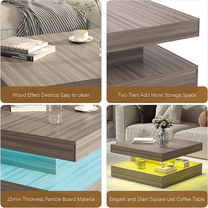 HedoAjim LED Coffee Table for Living Room, Living Room Table 2-Tier Square