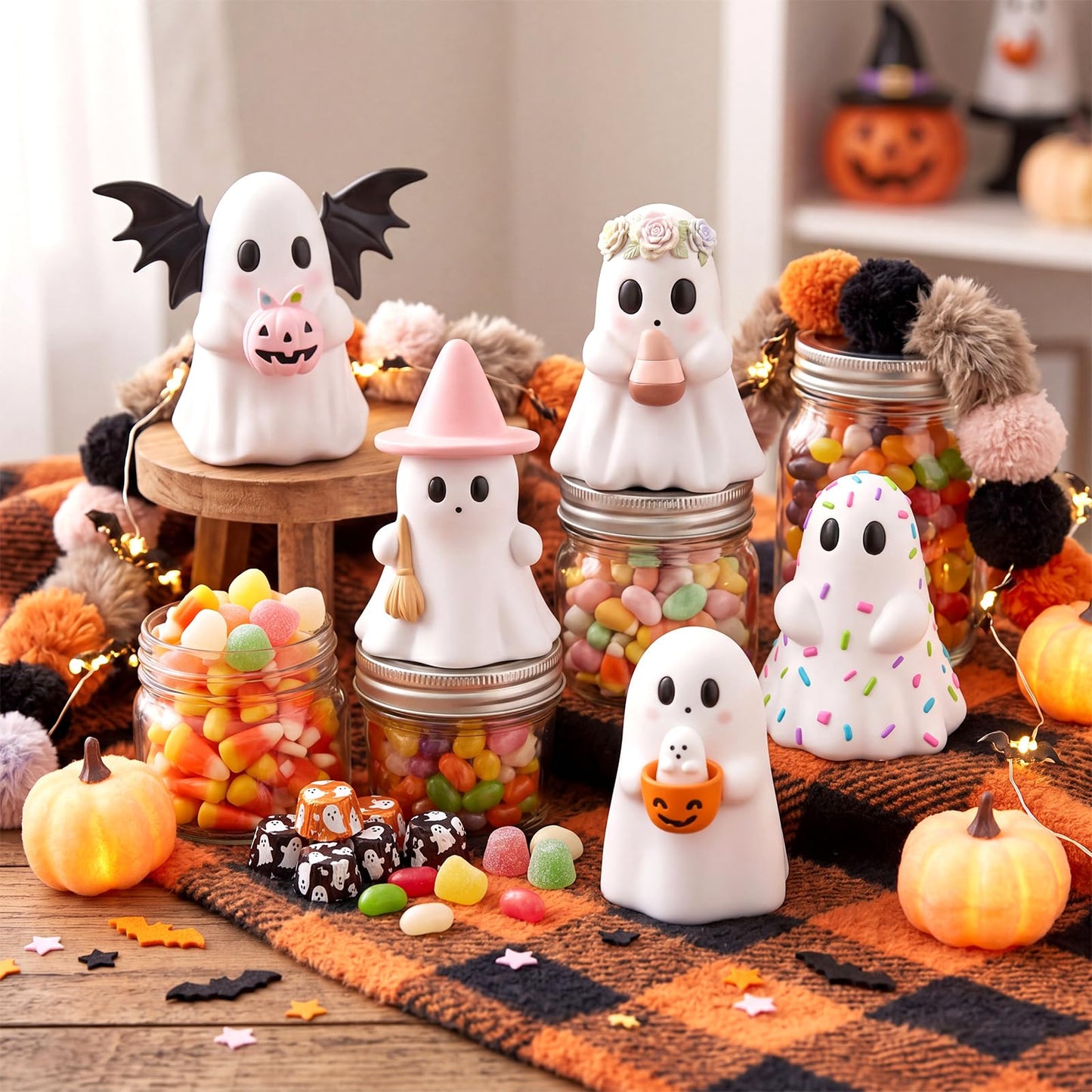 Simgoing 5 Pcs Halloween Cute Ghost Figurines Resin Pastel Halloween Decorations Ghost Figurine with Pumpkin Bucket, Witch Hat, Bat, Candy, Flower Spooky Statue Home Decor for Table Tiered Tray Mantel