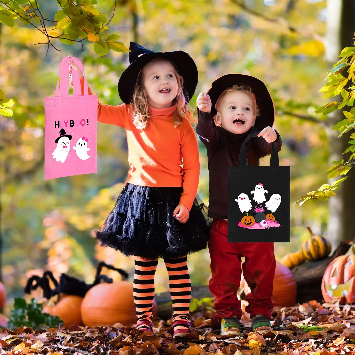 Toulite 24 Pcs Halloween Non Woven Bags with Handle Bulk Reusable Holiday Gifts Bags Ghost Pumpkin Spider Goodies Treat Candy Tote Pouch for Halloween Party Favors Wrapping Supplies, 7.9 x 9.8 Inch