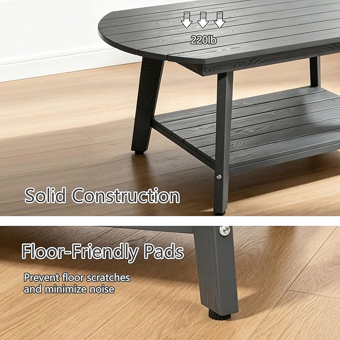 Oval Coffee Table with Open Storage Shelf, Dark Gray Wood Grain Sturdy Coffee