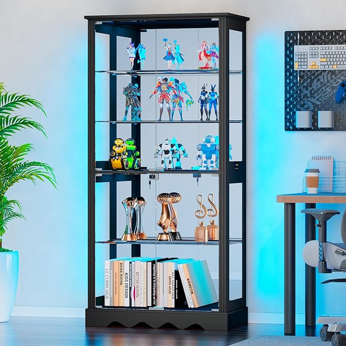 Dystler Display Cabinet with Glass Doors, LED Display Case with Removable Shelf