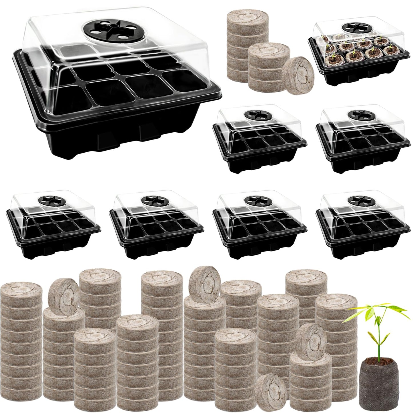 Halatool 8 Pack Seed Starter Tray with 100 PCS Peat Pellets, 96 Cells Black Seeding Starter Trays for Organic Seed Starter Soil Pods for Planting Vegetables Plants Flowers - Starting Seeds Kit