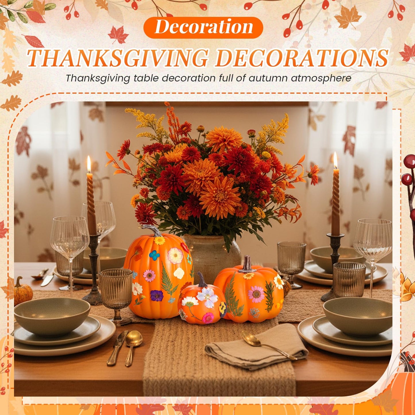 Canlierr 8 Pcs Artificial Pumpkins Fall Decor with 150 Pcs Dried Flower Butterfly Stickers & 1 Handy Tweezer DIY Craft Pumpkin for Thanksgiving Table Centerpiece Mantel Shelf (Orange)