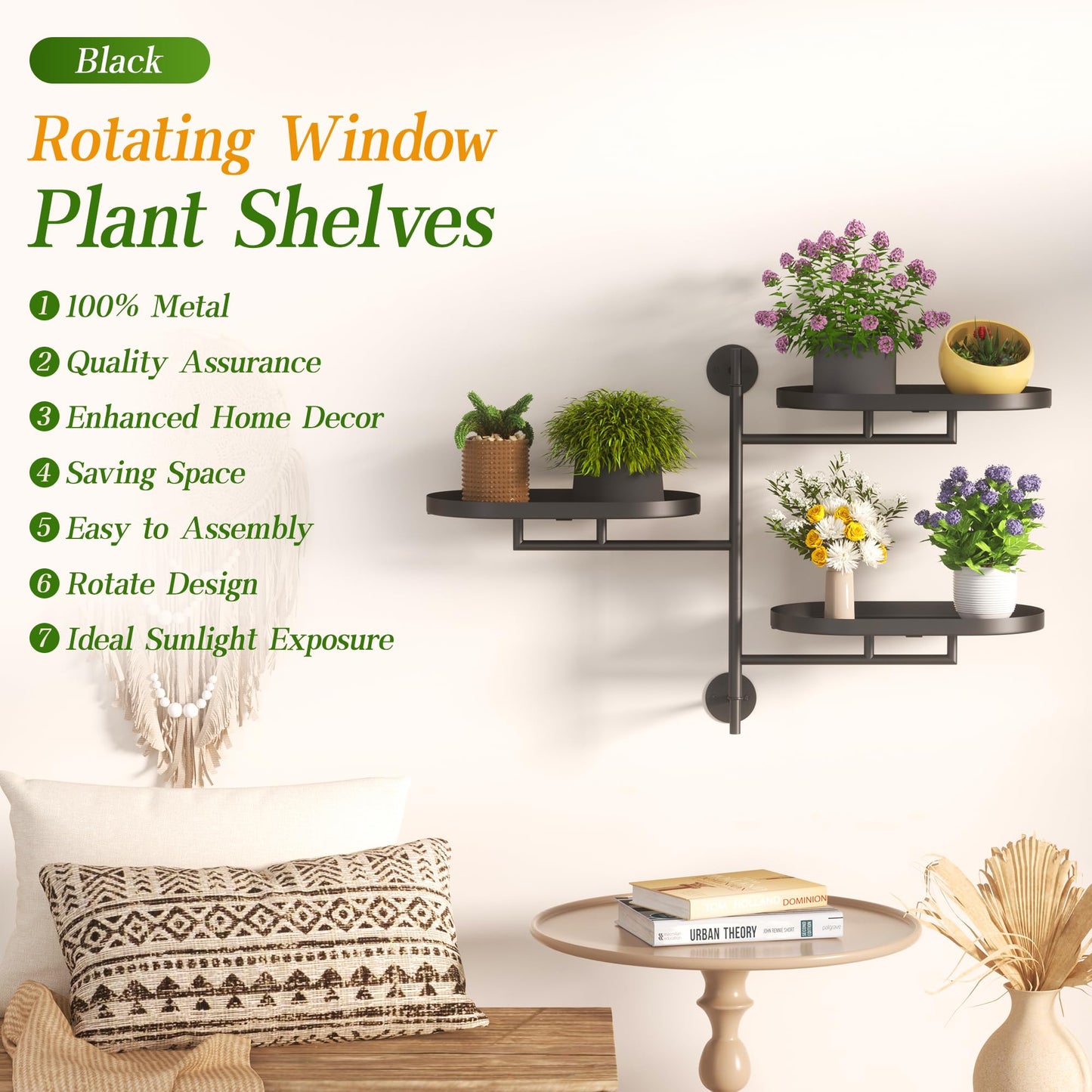 YQSLYSF Window Sill Rotating Plant Stand Shelf Indoor Black Metal Floating Shelves 3-Tier Wall Mount Plant Holders for Living Room Wall Planter Modern Home Decor for Gardening
