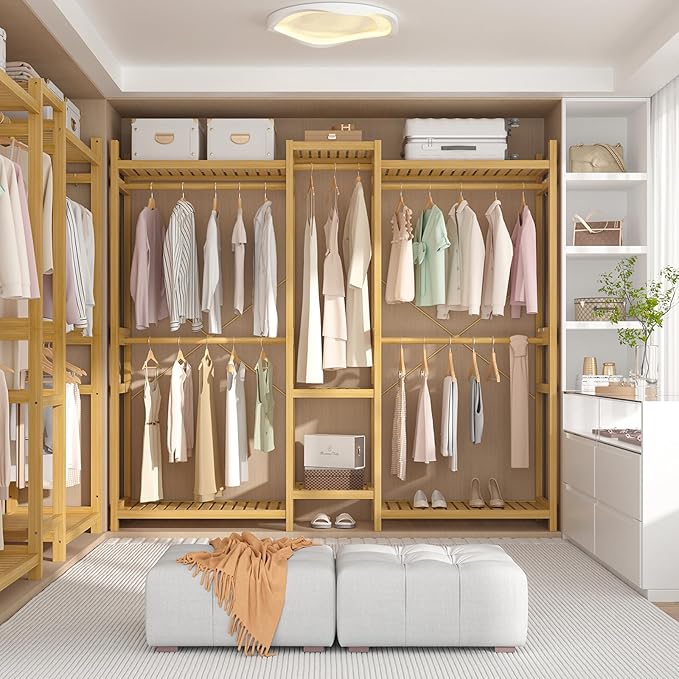Homykic Bamboo Closet System Clothes Rack, Large Freestanding Garment Rack