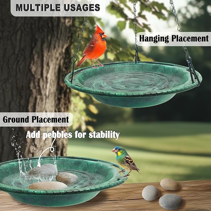 Hanging Bird Bath & Feeder Bowl, 12 in Outdoor Bird Bath with Chains, Durable Weather-Resistant PP, Antique Green, Backyard Garden Decor